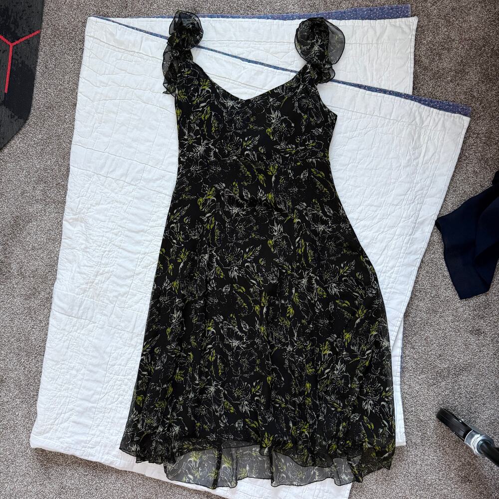 Vintage Nine West Black Green Silk Floral Chiffon Midi Dress Sz 12 - Picture 6 of 8